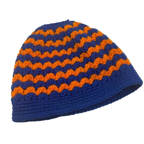 Crochet Blue & Orange Striped Ponytail Beanie Hat Handmade Knit Winter Cap - Picture 2 of 5